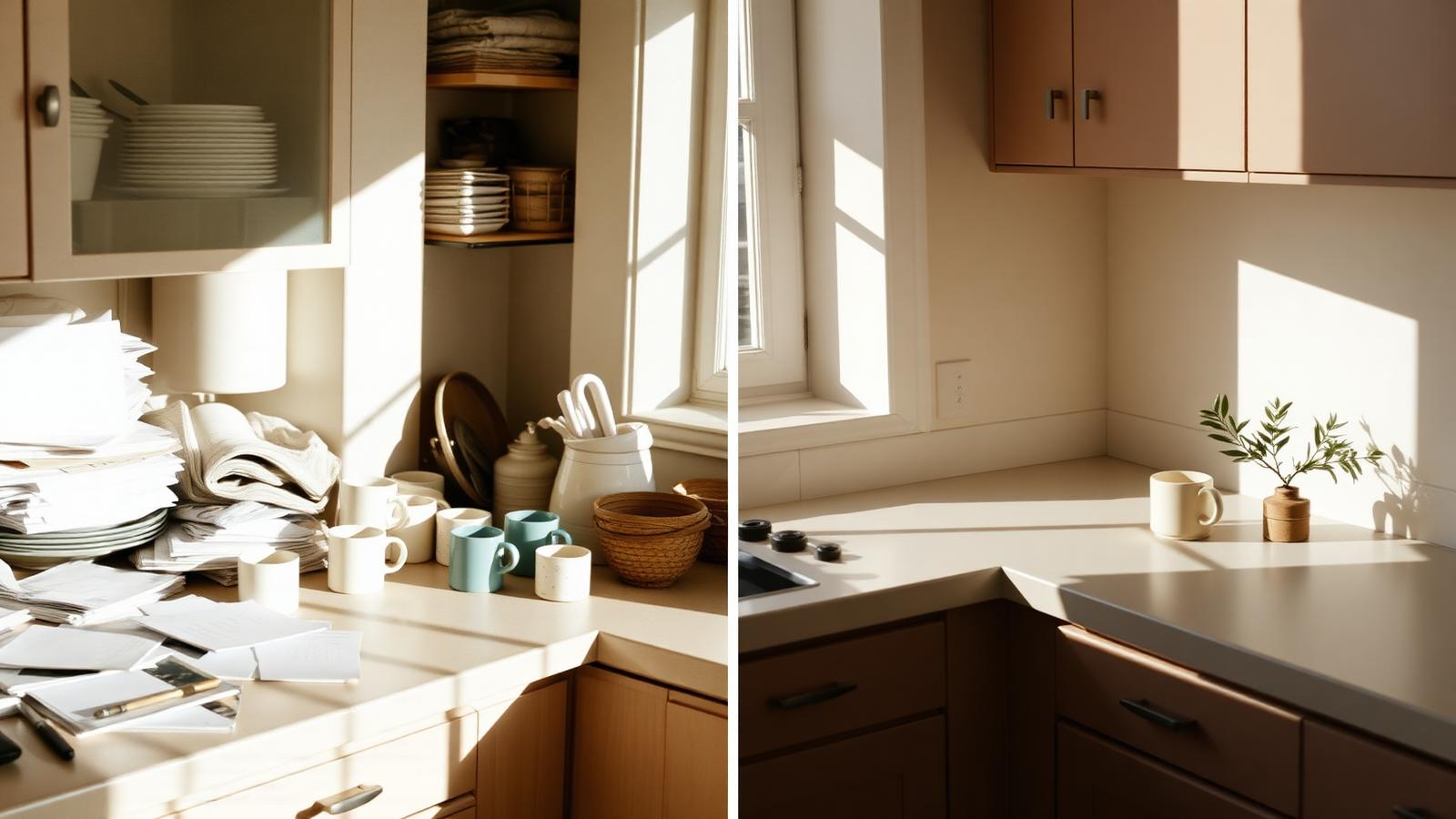 A cluttered kitchen counter side-by-side with the same counter cleared — what one small step can lead to.