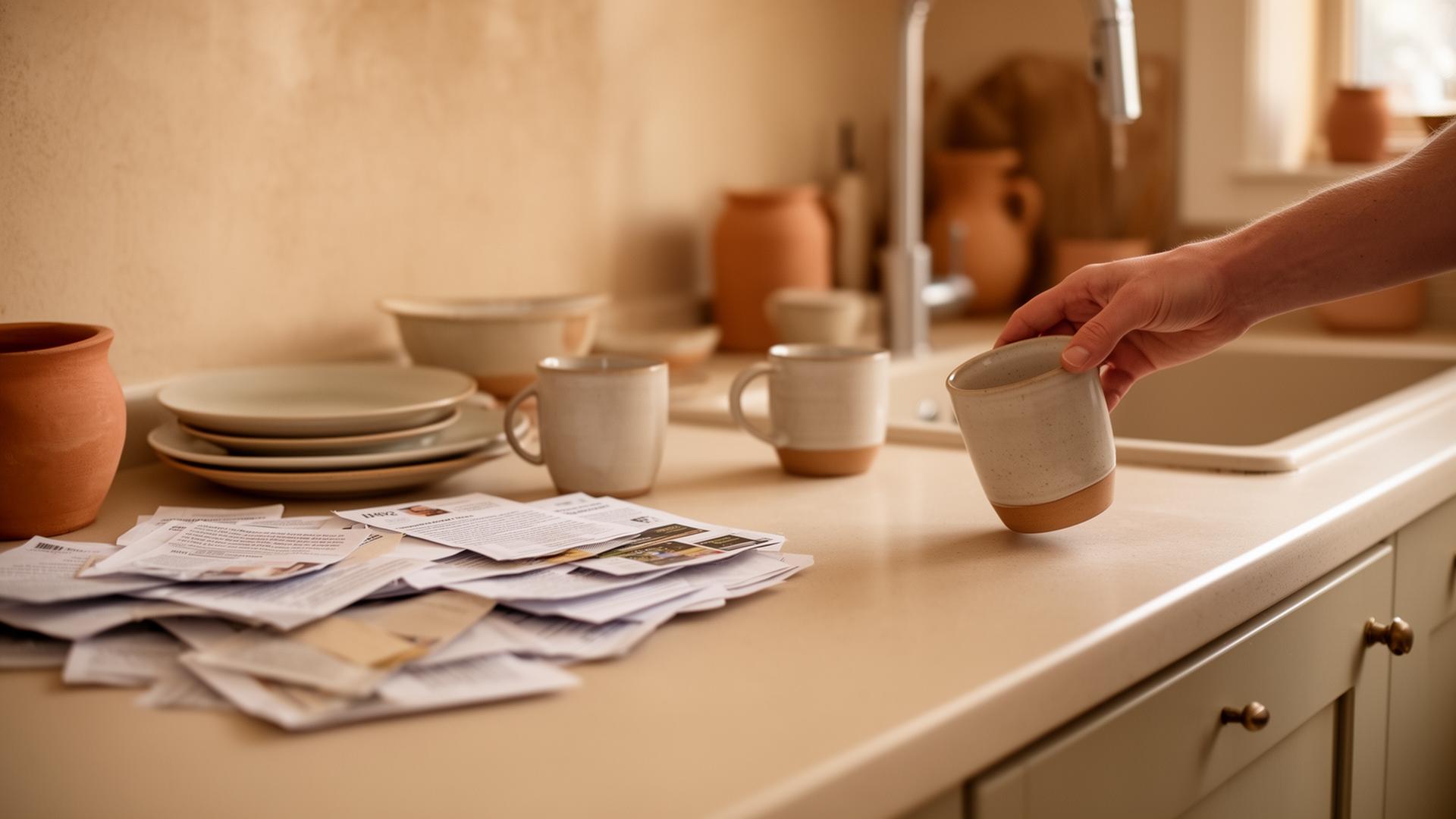 A hand picking up one ceramic mug from a cluttered kitchen counter and placing it by the sink — the single small action that breaks the freeze.