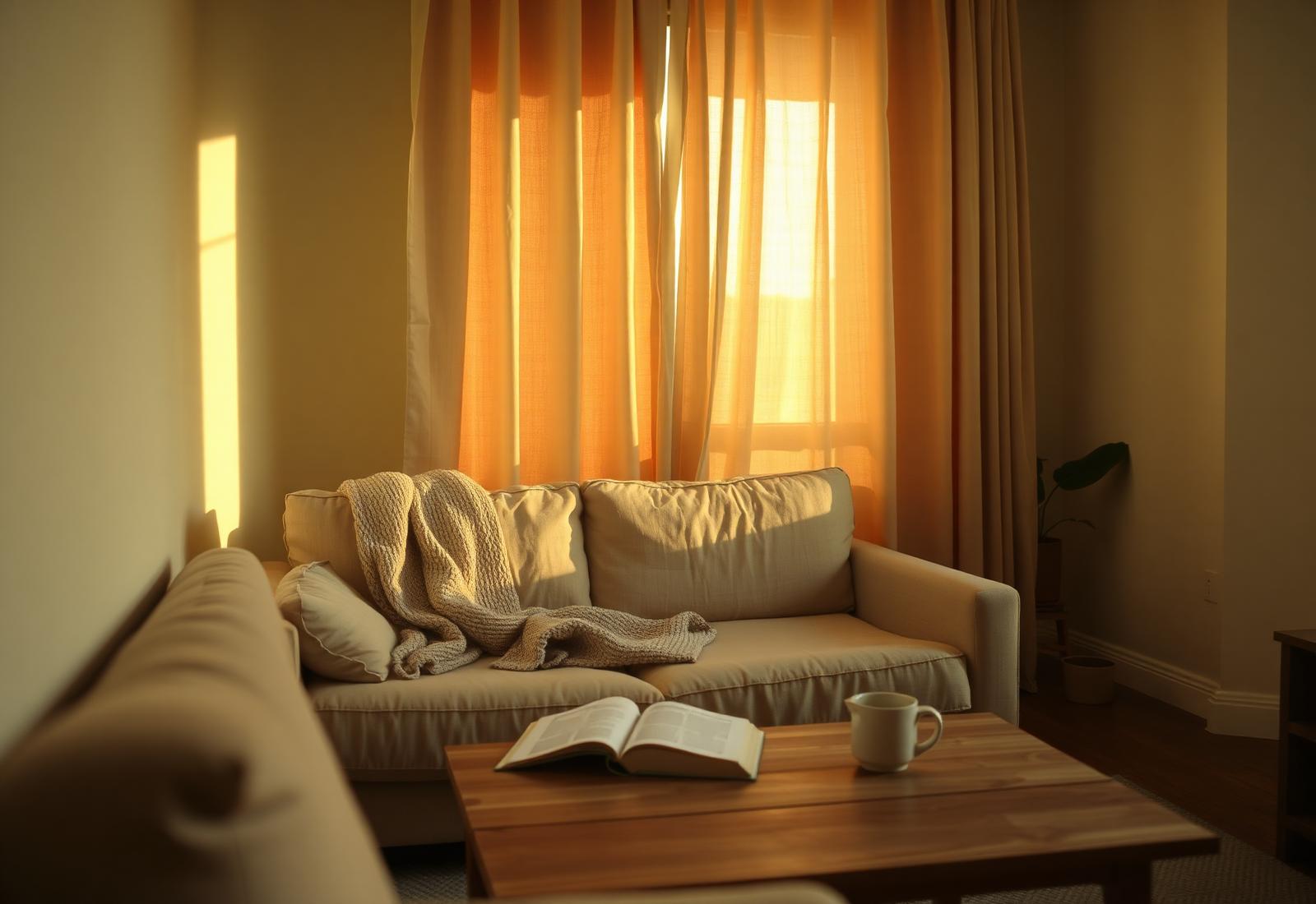 A calm, lived-in living room at golden hour — manageable, not perfect.